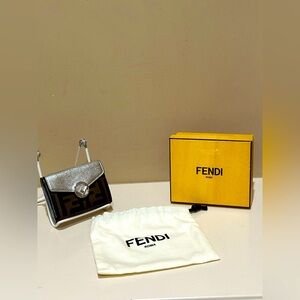 FENDI Silver/Tobacco Calf Leather /Maya Black Card Wallet